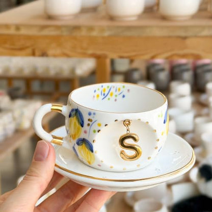 Personalized Handmade Porcelain Coffee Tea Mug With Letter, Custom Initial Mug Gift For Tea Coffee Lover With Saucer Text