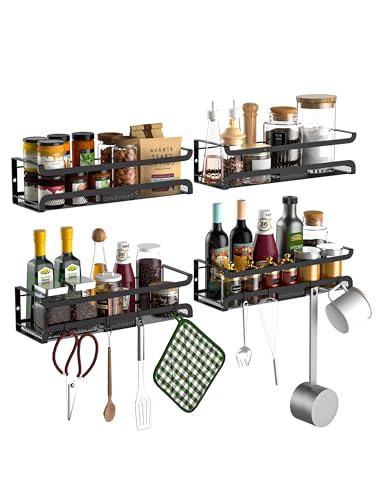 Spice Rack Wall Mount with Hooks - Spice Racks Organizer for Cabinet Storage, Wall Mounted Hanging Shelf Seasoning Organizer, for Kitchen, Pantry Door, Bathroom (Black, 4 Pack) - color: Black, size: 4 Pack