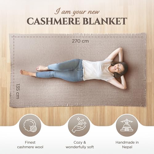 Cashmere Blanket – Hand Woven 100% Pure Wool Throw Blanket, 135 x 270 cm – Fine Herringbone Pattern Cozy, and Soft Blanket for Bed, Sofa, or Couch - Made in Nepal - color: Grey Brown