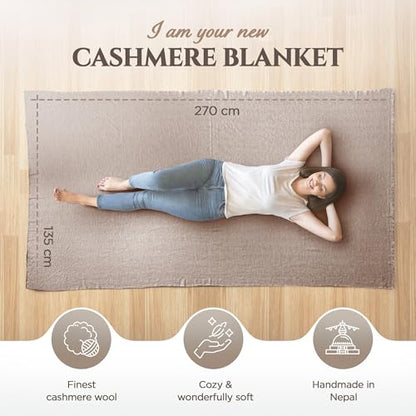 Cashmere Blanket – Hand Woven 100% Pure Wool Throw Blanket, 135 x 270 cm – Fine Herringbone Pattern Cozy, and Soft Blanket for Bed, Sofa, or Couch - Made in Nepal - color: Grey Brown