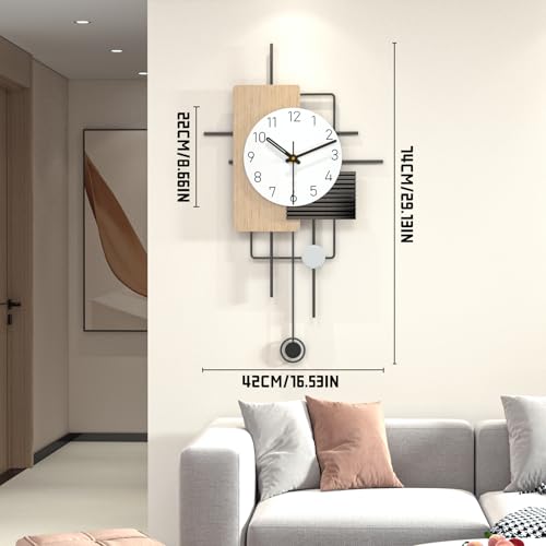 Modern Minimalist Wall Clock Creative Wooden Decorative Wall Clocks Silent Non Ticking Pendulum Clock Battery Powered Quartz Clock for Living Room Kitchen Bedroom Office, 16.5 * 29 in