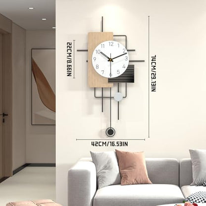 Modern Minimalist Wall Clock Creative Wooden Decorative Wall Clocks Silent Non Ticking Pendulum Clock Battery Powered Quartz Clock for Living Room Kitchen Bedroom Office, 16.5 * 29 in