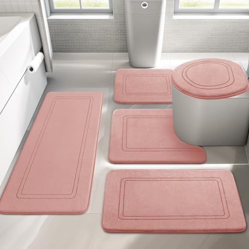 Pink Memory Foam Bath Mat Set 5 Pieces, Non Slip, Absorbent, Washable, Soft, Comfortable, Rectangular Bathroom Rugs - color: Pink, size: 5pieces
