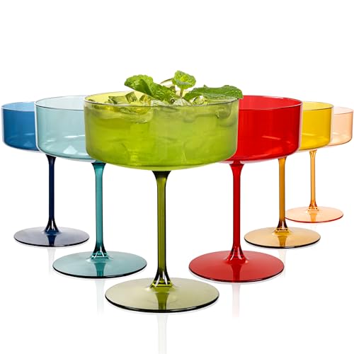 Ciaell 12 Pack Colored Plastic Martini Glasses for Bars Parties | 10 oz Colored Coupe Cocktail Cups, Heavy Duty Plastic, Cocktails Whiskey Margaritas Champagne for Weddings Birthdays - color: Basic Colored