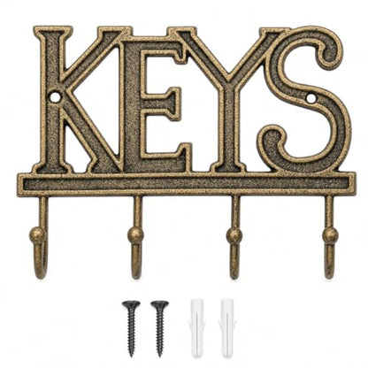 Comfify Gold-Black Cast Iron Key Holder for Wall – Keys Sign with 4 Hooks | Warm gold with black antique finish; mounting hardware included; entryway, hallway or door; 6"H x 8"L; holds 8 keychains - color: Gold with Black