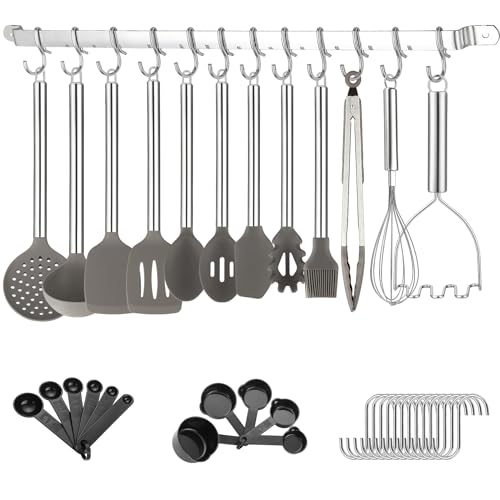 Kitchen Utensils Set, Kyraton 38 Piece Silicone kitchen Cooking Utensils Set with Utensil Rack, Spoon Spatula Set, Non-Stick kitchen Gadgets, Dishwasher Safe - color: 1. With Utensil Holder