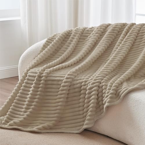 Nookly Linen Twin Size Fleece Blanket, Soft Lightweight Ribbed Plush Bed Blanket, Cozy All-Season Striped Fleece Twin Throw for Bedroom and Home, 60x80 Inches - color: Linen, size: Twin(60"x80")