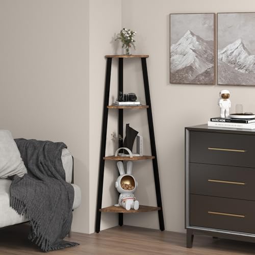 GIANTEX Corner Shelf, 4-Tier Industrial Corner Bookshelf with Metal Frame, Rustic Corner Bookcase Storage Shelves Rack, Tall Wood Corner Shelf Plant Stand for Bedroom Living Room (Rustic Brown)