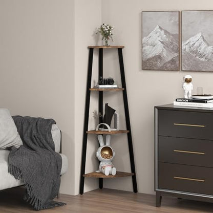 GIANTEX Corner Shelf, 4-Tier Industrial Corner Bookshelf with Metal Frame, Rustic Corner Bookcase Storage Shelves Rack, Tall Wood Corner Shelf Plant Stand for Bedroom Living Room (Rustic Brown)