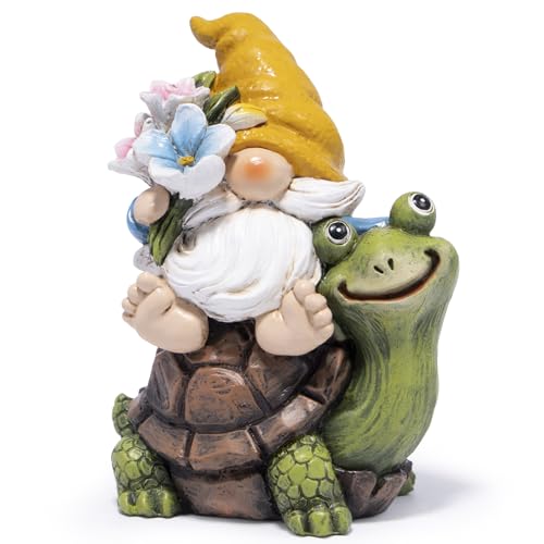 Hodao Spring Gnome Figurine Sitting on Turtle – Adorable Resin Garden Mini Gnome with Flowers and Frog for Home Shelf Tiered Tray or Outdoor Decor or Gift for Women (Gnomes on Turtles) - style: Sitting on Turtle