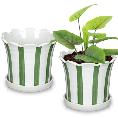 Set of 2 Flower Planter, 5.8 inch Ceramic Plant Pots with Drainage Hole and Sauser, Stripe Ceramic Planters with Wavy Opening for Indoor Outdoor Home Gardening Desktop Windowsill - color: Green & White