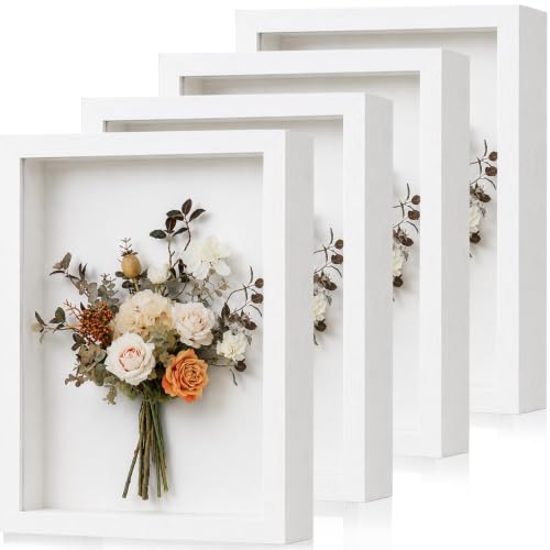 Shadow Box Frame 8"x 10" - 4 Pack Wood Deep Shadowbox with Glass Shadow Boxes Display Cases Suitable for Photos, Dried Flowers, DIY Crafts Medals Picture Frames for Wall Tabletop (White) - size: 8x10-4pcs-white