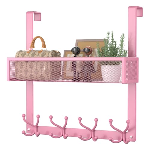 Consumest Over The Door Hooks Organizer - 2 Tier Over Door Hanger with 16 Hooks & 2 Baskets for Hanging Coat, Clothing, Towel, Back Storage for Bathroom, Closet, College Dorm, Pink - color: Pink, size: 2 Tier