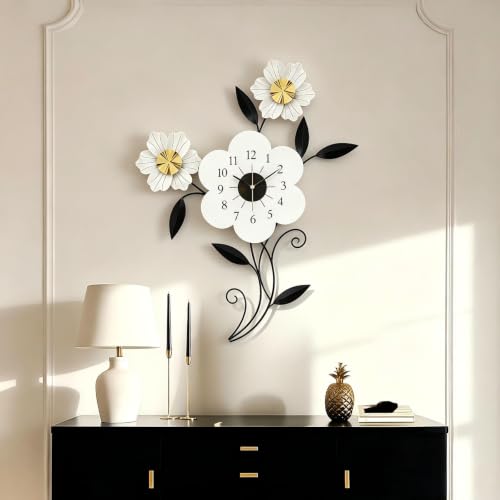 Large Flower Wall Clock, Modern Metal Wall Decor with Silent Quartz Movement, Artistic Floral Wall Art for Living Room Bedroom Office, Elegant Black White Gold Petal Design, 24" x 34.5"