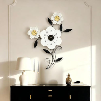 Large Flower Wall Clock, Modern Metal Wall Decor with Silent Quartz Movement, Artistic Floral Wall Art for Living Room Bedroom Office, Elegant Black White Gold Petal Design, 24" x 34.5"