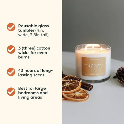 Calyan Wax Co. Golden Cider & Nutmeg 3 Wick Scented Candle - 43 Hour Burn | Made in the USA Luxury Clean Soy Wax Candles - Long Lasting Large Glass Jar Candle for Home - 3 Wicks - 14.9oz - color: Golden Cider + Nutmeg