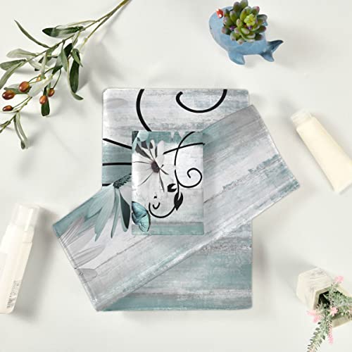 Bath Towels Set Farm Teal Daisy Floral Flowers Butterfly on Country Wooden 3 Piece Towel Set(1 Luxury Bath Towel 1 Hand Towel 1 Washcloth) Soft Absorbent Decorative Bathroom Kitchen Towels