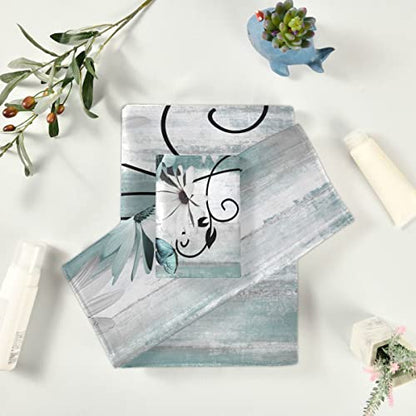 Bath Towels Set Farm Teal Daisy Floral Flowers Butterfly on Country Wooden 3 Piece Towel Set(1 Luxury Bath Towel 1 Hand Towel 1 Washcloth) Soft Absorbent Decorative Bathroom Kitchen Towels