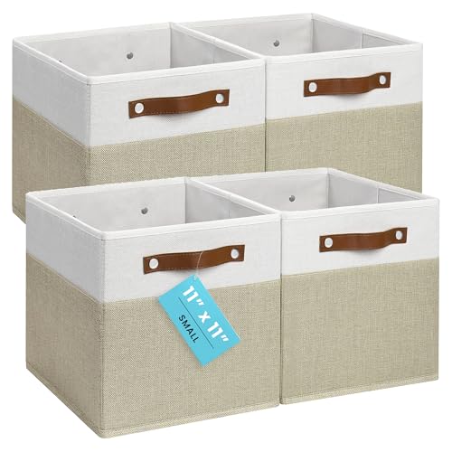 OrganiHaus 11x11 Cube Storage Bins, Set of 4 - Fabric Storage Cubes | Sturdy, holds its shape; odor-free; fits ClosetMaid 11-inch shelves; vegan leather handles - color: Beige Base / Off-White, size: (11x11) Leather Handles