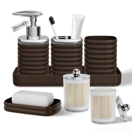 Bathroom Accessory Set - Gorgeous Bathroom Set, 7PC Brown Bathroom Accessories Set, Soap Dispenser, Toothbrush Holder, Qtip Holder Set, Bathroom Accessories Sets Complete for Home - color: Brown&silver