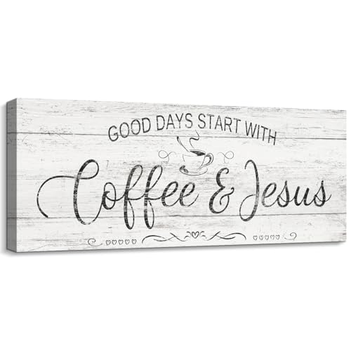 Christian Coffee Bar Sign Decor - Good Days Start with Coffee & Jesus - Country Rustic Wall Hanging Canvas Plaque for Home Kitchen Coffee Station Cafe Shop Counter Decoration 6"x17" - color: AA25-56-coffee & Jesus, size: 17"L x 6"W