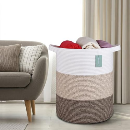 Cotton Rope Blanket Basket, 72L Laundry Hamper, White & Ombre Brown | 16"x 22", Large Collapsible Woven Nursery Hamper with Sturdy Handles for Clothes Toys Towels, Bedroom Living Room Bathroom - color: White & Gradient Brown, size: 72L (16"x22")