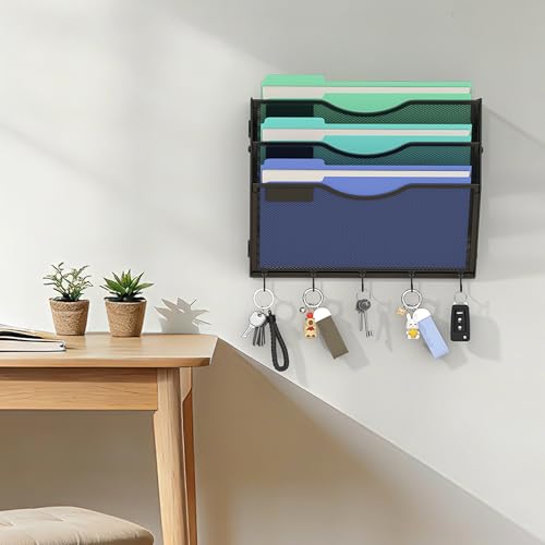 Gawerk Hanging Wall File Organizer, 3 Tier | 5 Hooks, Wall Mounted, Sturdy Mesh, For Office Home - size: 3 Tier