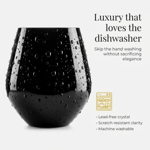Godinger Stemless Red Wine Glasses, Drinking Glasses, European Made Stemless Wine Glass - Black, 17oz, Set of 4 - color: Black