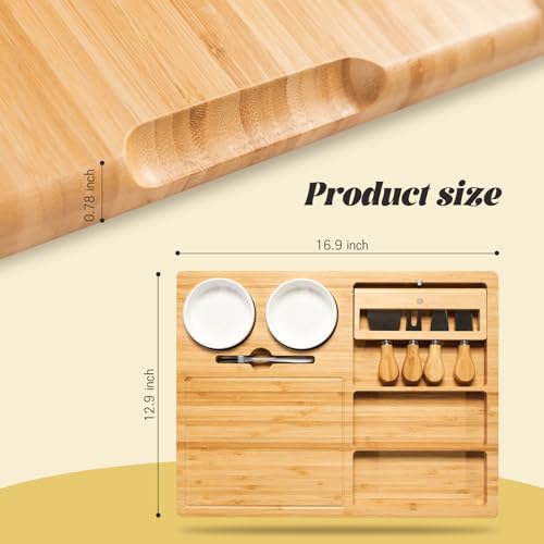 eleganlife Charcuterie Boards Set with Knives, Bamboo Cheese Board Large, Charcuterie Platters with Compartments, Serving Boards Gifts for Wedding, Birthday and Housewarming Party