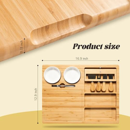eleganlife Charcuterie Boards Set with Knives, Bamboo Cheese Board Large, Charcuterie Platters with Compartments, Serving Boards Gifts for Wedding, Birthday and Housewarming Party