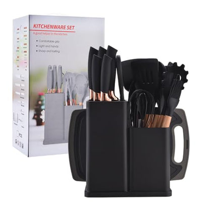 19 Pieces Kitchen Utensils and Knife Set with Block, Inldued 9 Pieces Silicone Cooking Utensils Set 5 Pieces Sharp Stainless Steel Chef Knives Scissors Whisk Tongs and Cutting Board (Black) - color: Black