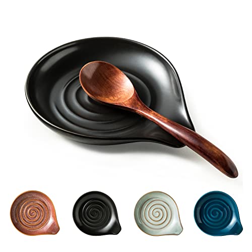 Spoon Rest, Porcelain Drip Tray for Multiple Utensils, Cooking&Large Spoon Holder for Stove Top, Modern Farmhouse Kitchen Decor Utensil Holder for Spoons, Ladles, Tongs&Spatula, Black - color: Black