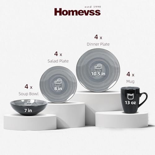 HomeVss, Sonoma Stoneware Dinnerware Set, Outside Black + Inside Hand Painting Color (16pc Set, Grey) - color: Gray