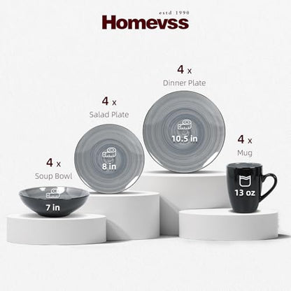 HomeVss, Sonoma Stoneware Dinnerware Set, Outside Black + Inside Hand Painting Color (16pc Set, Grey) - color: Gray