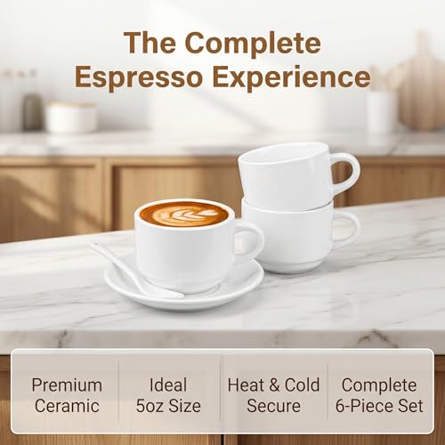 Hedume 6 Pack 5 OZ Espresso Cups with Saucers and Spoons, Stackable Espresso Coffee Cup Set for Specialty Coffee Drinks, Latte, Cafe Mocha and Tea - Safe for Dishwasher, Microwave, Oven and Freezer