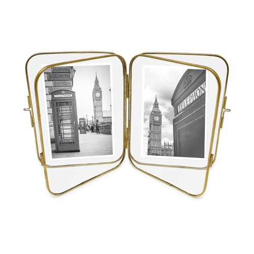 Isaac Jacobs 4x6 Gold Double-Sided Metal Floating Photo Frame w/ClaspLock | Double-Sided Round-Edged Brass & Glass Metal Floating Picture Frame Locket Closure (Vertical), Tabletop (4x6, Antique Gold) - color: Antique Gold, size: 4x6