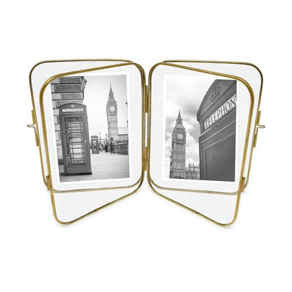 Isaac Jacobs 4x6 Gold Double-Sided Metal Floating Photo Frame w/ClaspLock | Double-Sided Round-Edged Brass & Glass Metal Floating Picture Frame Locket Closure (Vertical), Tabletop (4x6, Antique Gold) - color: Antique Gold, size: 4x6