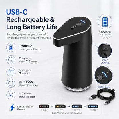 Automatic-Soap-Dispenser, 300ml Touchless Soap Dispenser with USB-C Rechargeable 1200mAh Battery, 4 Adjustable Levels, IPX5 Waterproof Liquid Soap Dispenser for Bathroom Kitchen Office, Black