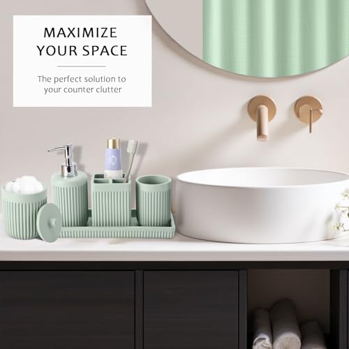 XLHOMO Light Green Bathroom Sets with Shower Curtain and Rugs, 8-Piece Resin Bathroom Accessories Sets Complete, Soap Dispenser, Toothbrush Holder, Tumbler, Tray & Apothecary Jars Bathroom Essentials - color: Green, size: Resin Bath Set Complete