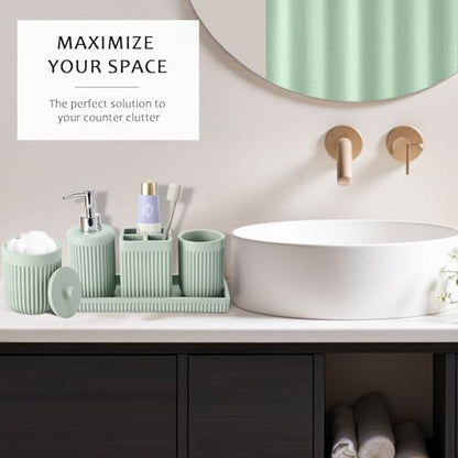 XLHOMO Light Green Bathroom Sets with Shower Curtain and Rugs, 8-Piece Resin Bathroom Accessories Sets Complete, Soap Dispenser, Toothbrush Holder, Tumbler, Tray & Apothecary Jars Bathroom Essentials - color: Green, size: Resin Bath Set Complete