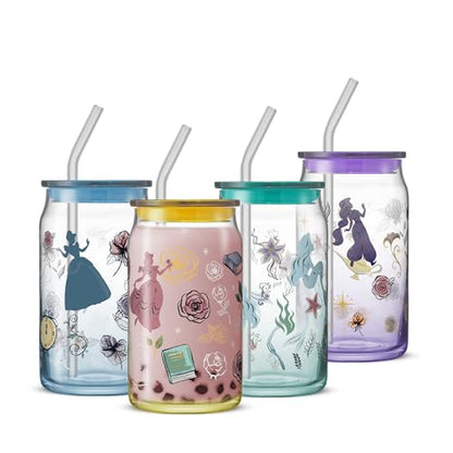 JoyJolt Disney Princess Icon Glass Tumblers with Lids and Straws, 16oz Glass Cups with Lids and Straws ft Princess Jasmine Ariel Cinderella Belle, 4pc Can Shaped Drinking Glasses, Iced Coffee Cups - style: Princess