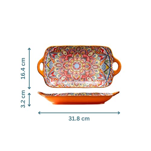 Serving Tray with Handles Rectangular Serving Platter Ceramic Extra Large Plates & Dishes Rectangle (Sunset Fiesta) - color: Sunset Fiesta