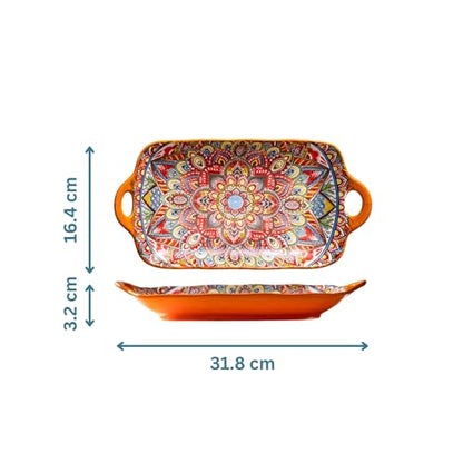 Serving Tray with Handles Rectangular Serving Platter Ceramic Extra Large Plates & Dishes Rectangle (Sunset Fiesta) - color: Sunset Fiesta