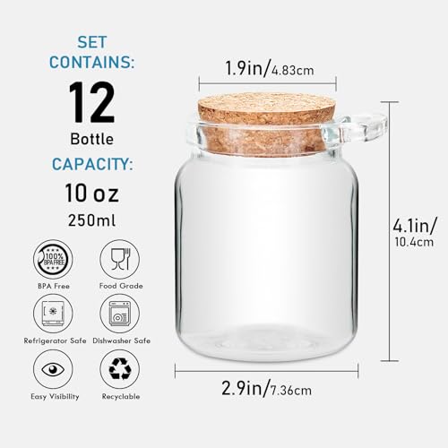 YEBODA 10 oz Small Glass Storage Jars with Cork Lids and Spoons, 12 Pack | Clear jars for spices, bath salts, sugar scrubs, yogurt and DIY gifts; includes labels, marker and funnel.
