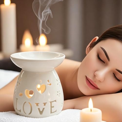Ceramic Tealight Candle Holder Love Essential Oil Burner Ornament with Spoon for Yoga Spa, Oil Diffuser Aromatherapy Wax Melt Burners for Bedroom Home Decoration (White)