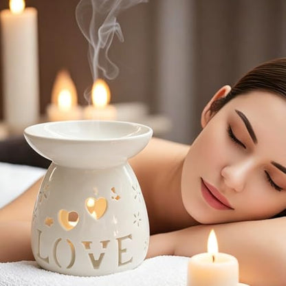 Ceramic Tealight Candle Holder Love Essential Oil Burner Ornament with Spoon for Yoga Spa, Oil Diffuser Aromatherapy Wax Melt Burners for Bedroom Home Decoration (White)