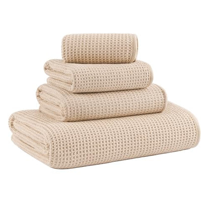 MICROFI Waffle Weave Bath Towel Set, Microfiber, 4 Pieces (Body/Hair/Hand/Face), Quick Dry, Lightweight, Super Absorbent, Lint Free, 380 GSM (Champagne) - color: Champagne