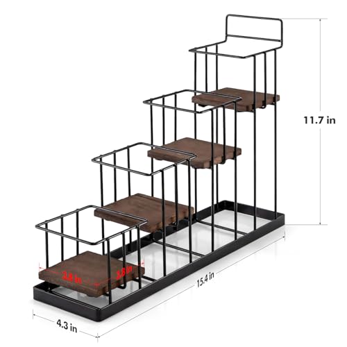 Coffee Syrup Rack Organizer, with Rustic Wood Holder Coffee Station Bar Accessory for Syrup, Wine, Dressing Bottle Countertop Display Storage Stand for Kitchen with Basket and Hooks Holds 4 Bottles