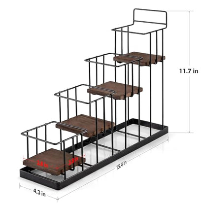 Coffee Syrup Rack Organizer, with Rustic Wood Holder Coffee Station Bar Accessory for Syrup, Wine, Dressing Bottle Countertop Display Storage Stand for Kitchen with Basket and Hooks Holds 4 Bottles