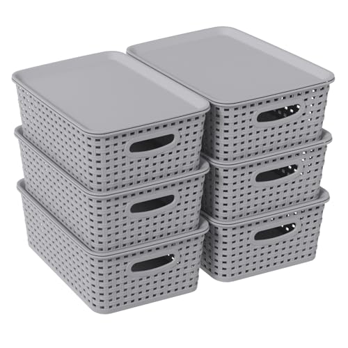 Wekioger Small Plastic Woven Storage Basket with Lid, Grey Storage Basket Bins, 6 Packs - color: Light Grey, size: 9.92" x 7.56" x 4.13"